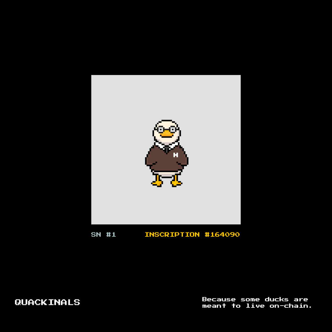 Quackinal serial 1: a hand-drawn duck with glasses on its original black inscription poster